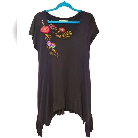 CAITE Anthropologie Black w/ Floral Embroidered Tunic Top, Ruffled Hemline | M - Picture 1 of 8